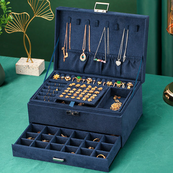 WE Oversized Navy 3layers Velvet Jewelry Box, Fashion Fannel Organizer κοσμημάτων με κλειδαριά ασφαλείας για μακιγιάζ με κολιέ σκουλαρίκι