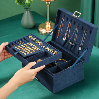 WE Oversized Navy 3layers Velvet Jewelry Box, Fashion Fannel Organizer κοσμημάτων με κλειδαριά ασφαλείας για μακιγιάζ με κολιέ σκουλαρίκι