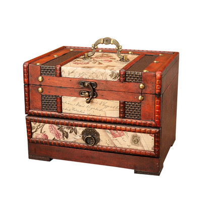 Rytietiško stiliaus papuošalų organizatorius niekučių atminimo skrynia Medinė lobių skrynia su veidrodžiu ir stalčiumi dovanų fotografijai