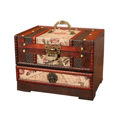 Rytietiško stiliaus papuošalų organizatorius niekučių atminimo skrynia Medinė lobių skrynia su veidrodžiu ir stalčiumi dovanų fotografijai