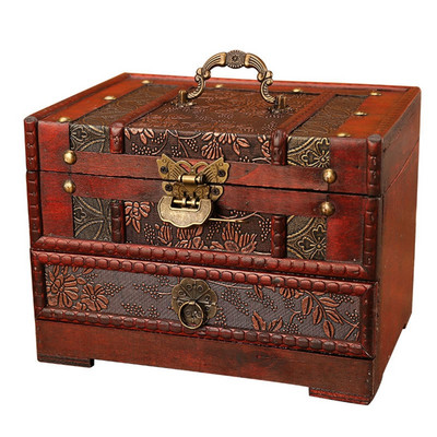 Rytietiško stiliaus papuošalų organizatorius niekučių atminimo skrynia Medinė lobių skrynia su veidrodžiu ir stalčiumi dovanų fotografijai