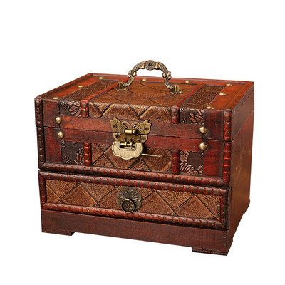 Rytietiško stiliaus papuošalų organizatorius niekučių atminimo skrynia Medinė lobių skrynia su veidrodžiu ir stalčiumi dovanų fotografijai