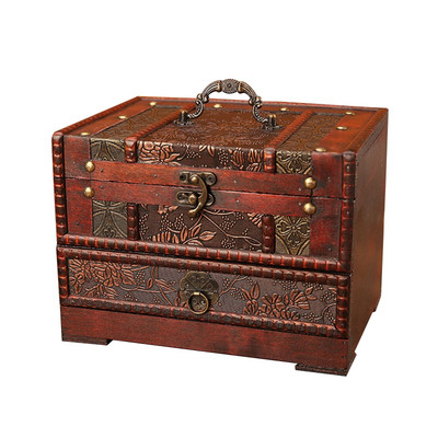 Rytietiško stiliaus papuošalų organizatorius niekučių atminimo skrynia Medinė lobių skrynia su veidrodžiu ir stalčiumi dovanų fotografijai