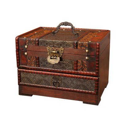 Rytietiško stiliaus papuošalų organizatorius niekučių atminimo skrynia Medinė lobių skrynia su veidrodžiu ir stalčiumi dovanų fotografijai