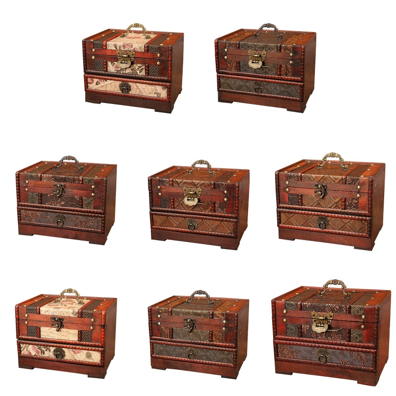 Rytietiško stiliaus papuošalų organizatorius niekučių atminimo skrynia Medinė lobių skrynia su veidrodžiu ir stalčiumi dovanų fotografijai