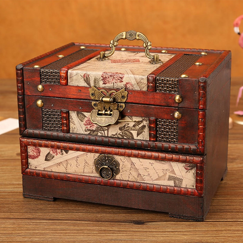 Rytietiško stiliaus papuošalų organizatorius niekučių atminimo skrynia Medinė lobių skrynia su veidrodžiu ir stalčiumi dovanų fotografijai