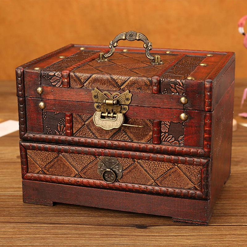 Rytietiško stiliaus papuošalų organizatorius niekučių atminimo skrynia Medinė lobių skrynia su veidrodžiu ir stalčiumi dovanų fotografijai