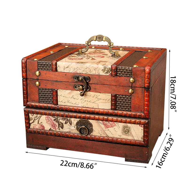 Rytietiško stiliaus papuošalų organizatorius niekučių atminimo skrynia Medinė lobių skrynia su veidrodžiu ir stalčiumi dovanų fotografijai