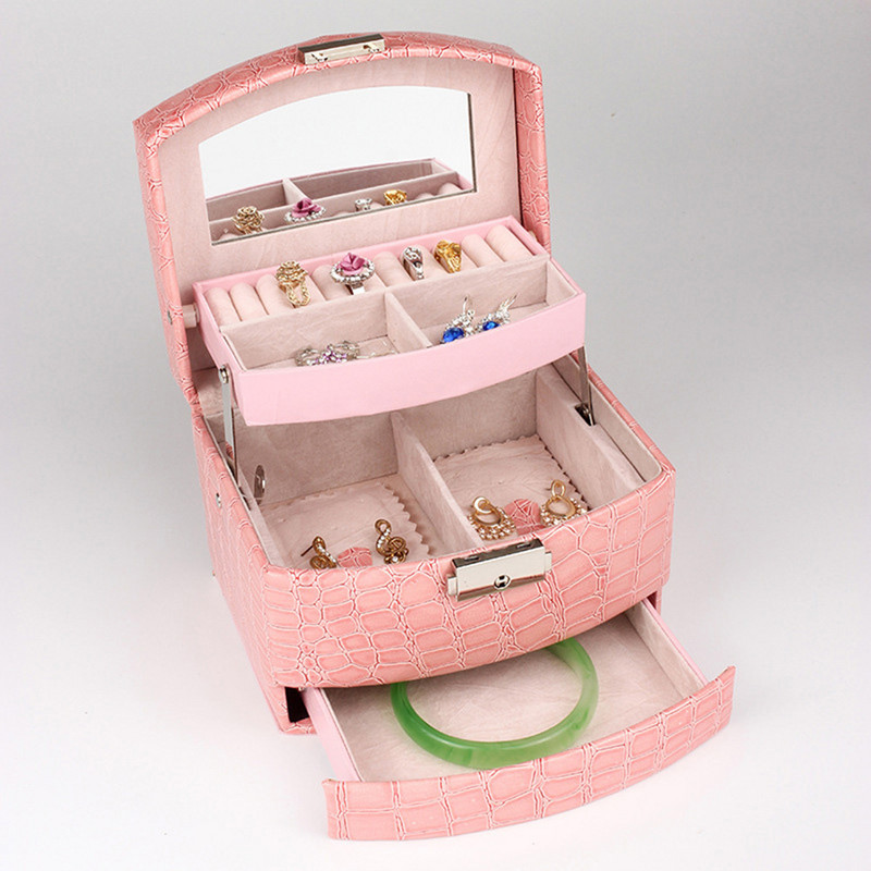 Moterų 3 sluoksnių papuošalų dėžutės makiažo organizatorius veidrodinis laikymo konteineris, dėklas, papuošalų ekranas / papuošalų laikiklis / kosmetikos priemonė