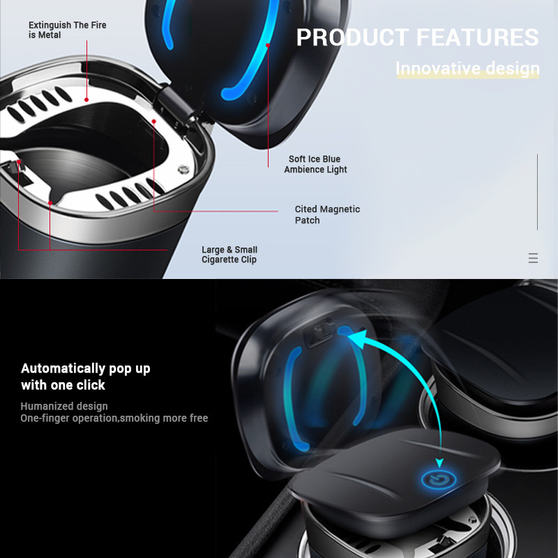 Elektrinio automobilio peleninė su LED aplinkos apšvietimu, daugiapakopiu pritaikymu Nešiojamas peleninės plaunamas cigarečių laikiklis su dangčiu Automobilis