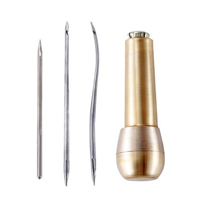 LMDZ Mâner din cupru Awl Instrument de reparare a pantofilor Piele Pânză Poanson DIY Kit de cusut Ace Cusător Linie de croșetat