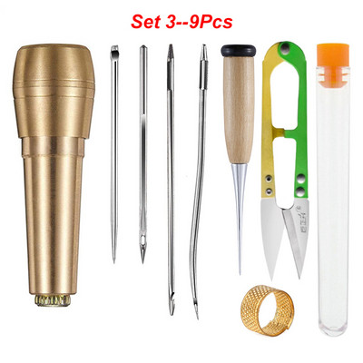 Set de 9 bucăți cu mâner de cupru Awl pentru cusătură manuală, țesătură din piele, pânză, instrument de reparare a pantofilor pentru repararea cusuturilor de bricolaj