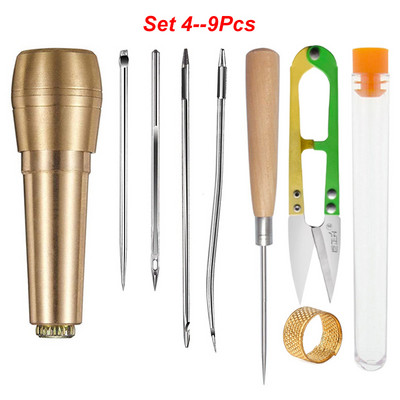 Set de 9 bucăți cu mâner de cupru Awl pentru cusătură manuală, țesătură din piele, pânză, instrument de reparare a pantofilor pentru repararea cusuturilor de bricolaj