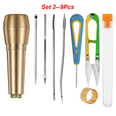 Set de 9 bucăți cu mâner de cupru Awl pentru cusătură manuală, țesătură din piele, pânză, instrument de reparare a pantofilor pentru repararea cusuturilor de bricolaj