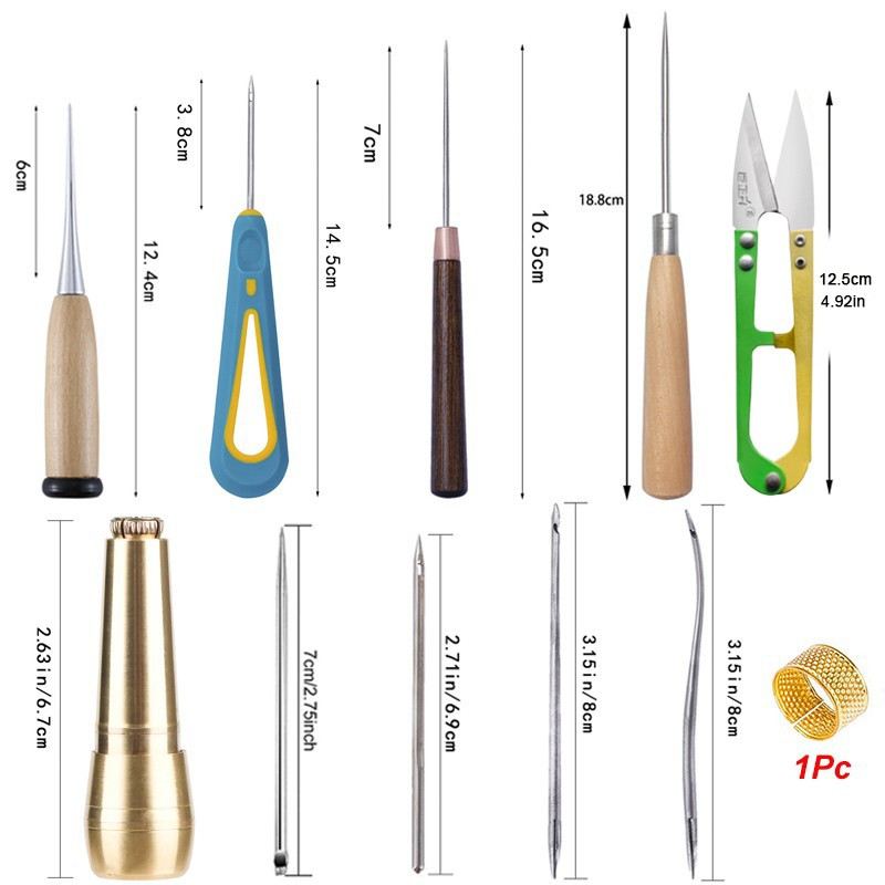 Set de 9 bucăți cu mâner de cupru Awl pentru cusătură manuală, țesătură din piele, pânză, instrument de reparare a pantofilor pentru repararea cusuturilor de bricolaj