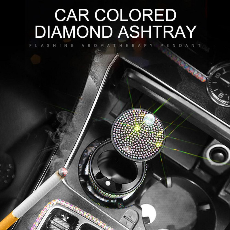 Scrumieră de mașină cu diamante universală pentru fete femei Scrumieră cu strasuri de cristal Decor interior auto Suport țigară cu capac Navă