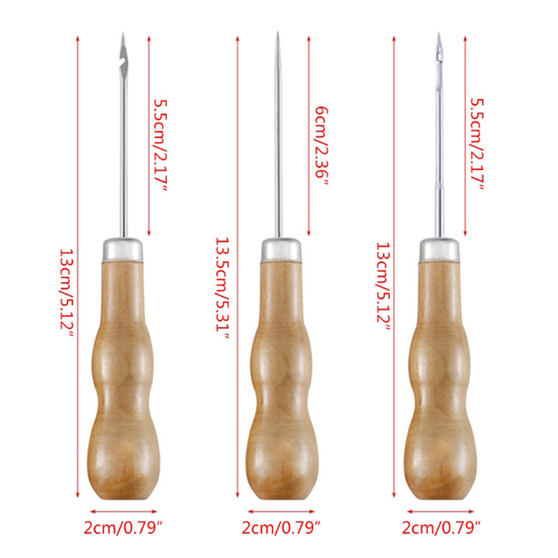 3 buc./set mâner din lemn cusut cusut de mână instrument de perforare din piele Accesorii din piele instrument de cârlig pentru repararea pantofilor