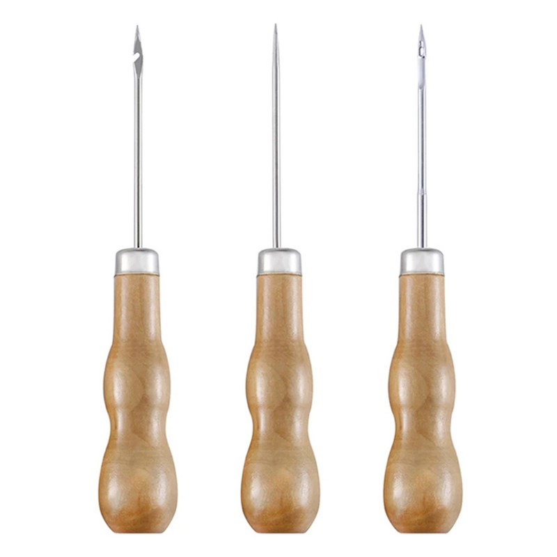 3 buc./set mâner din lemn cusut cusut de mână instrument de perforare din piele Accesorii din piele instrument de cârlig pentru repararea pantofilor