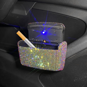 Диамантен пепелник за кола LED светлина Преносим бездимен автоматичен пепелник Bling Кутия за поставка за цигари Аксесоари за кола за момиче, жена