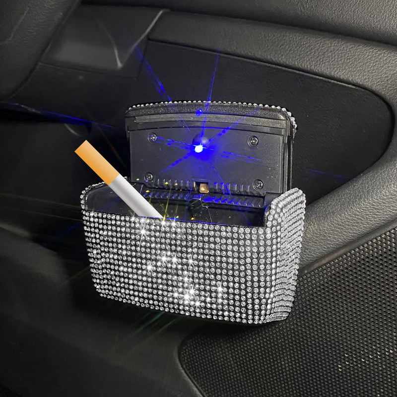 Deimantinė automobilio peleninė LED lemputė, nešiojama nerūkoma automatinė peleninė Bling cigarečių laikiklio dėžutės automobilio priedai mergaitėms