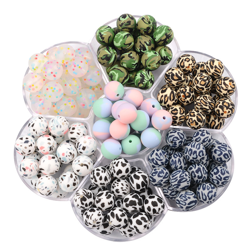 LOFCA 20 τμχ Tie βαφή λεοπάρ Terrazzo Dalmatian camo Χάντρες σιλικόνης Teething Beads DIY Μασώμενες πολύχρωμες οδοντοφυΐες για βρέφη