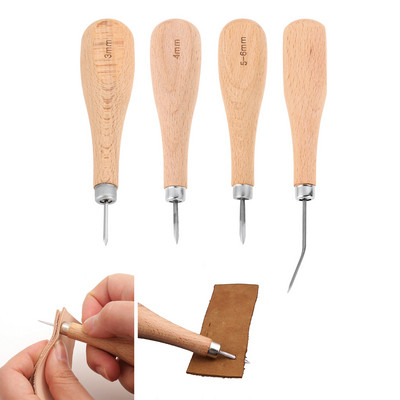 1 τμχ Diamond Point Awl Beech & Steel 3/4/5-6mm/Bent Cone Punch Leather Stittching Craft Tool Rhombus DIY Repair Shoe/Tag/Purse