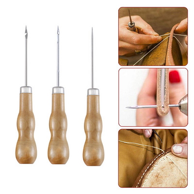 3PCS/SET Wooden Handle Sewing Awl Hand Stitcher Leather Punch Tool DIY Shoe Repair Hook Tool Leather Accessories