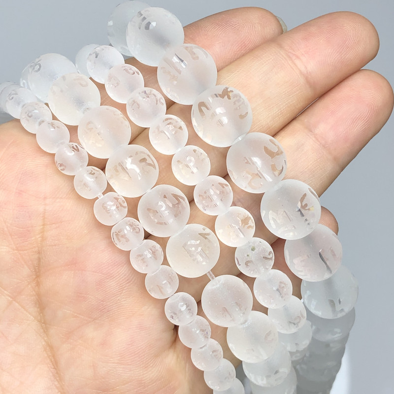 Prirodne mat bijele prozirne šest riječi Mantra Prayer Buddha Kristalne staklene perle Okrugle šarm perle za izradu nakita DIY narukvica