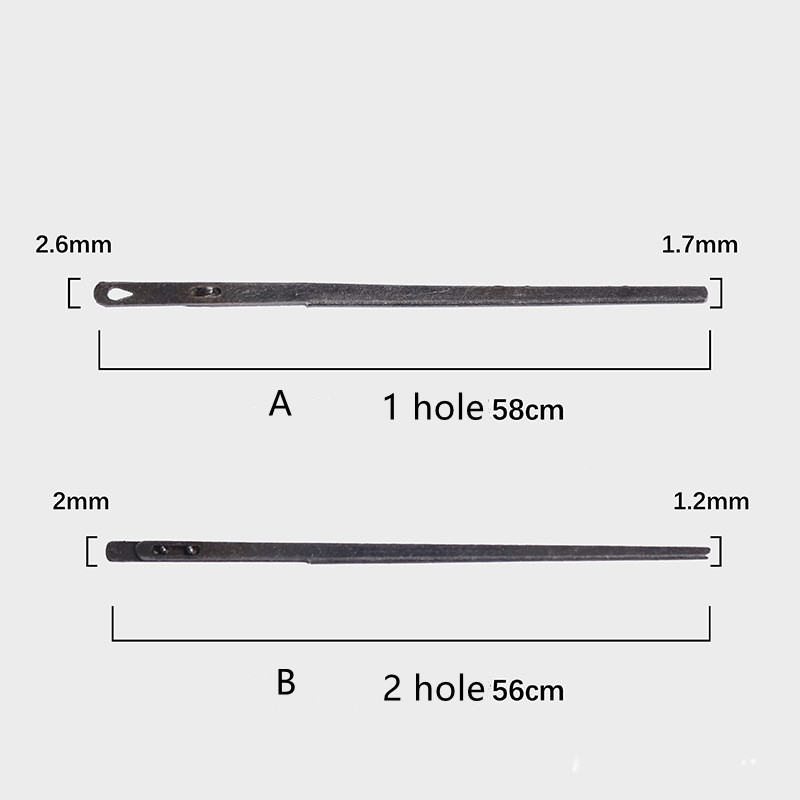 2vnt odinės siuvimo adatos, vienos ir dvigubos skylės, „pasidaryk pats“ austos odinės virvės, apsiūtos su adatomis.