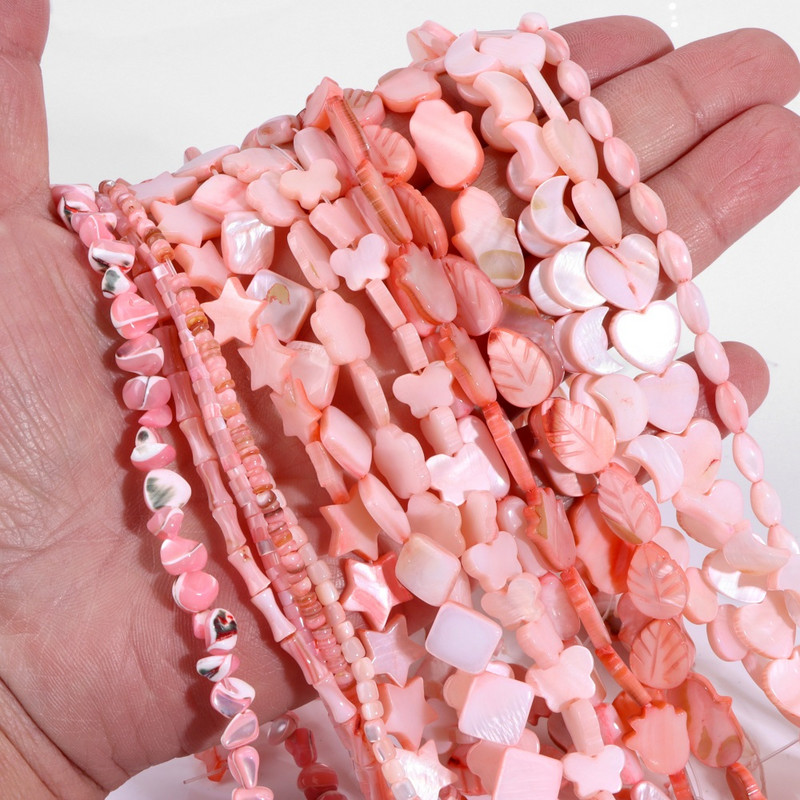 Natūralūs rožiniai perlamutriniai karoliukai širdies žvaigždės apvalūs dažyti kriauklių karoliukai, gėlavandeniai karoliukai, skirti papuošalams gaminti „pasidaryk pats“ 15 colių