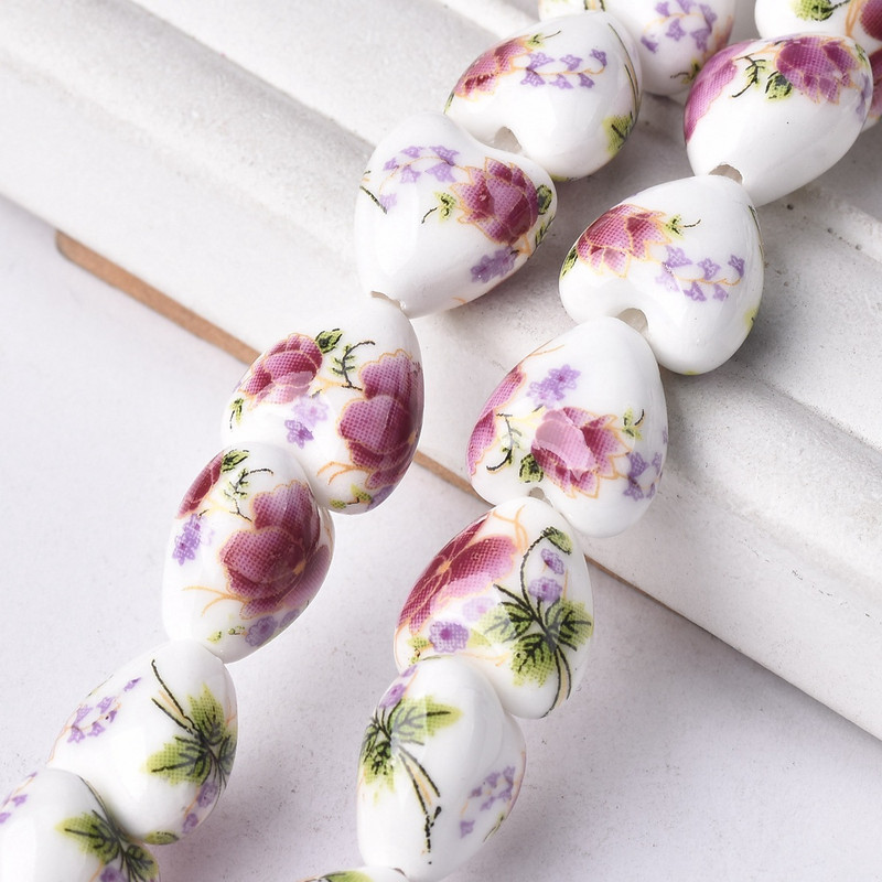 10 vnt 13x12 mm širdies formos gėlių raštai keraminiai porcelianiniai laisvi amatai karoliukai papuošalams gaminti „pasidaryk pats“ radiniai