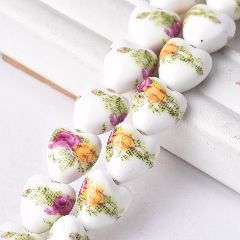 10 vnt 13x12 mm širdies formos gėlių raštai keraminiai porcelianiniai laisvi amatai karoliukai papuošalams gaminti „pasidaryk pats“ radiniai