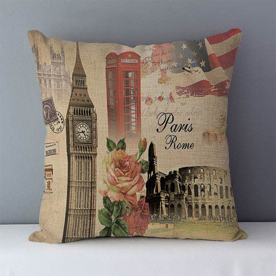 Pernă de canapea retro nostalgică perne decorative pentru acasă Londra Paris scenic imprimat pătrat 45x45cm față de pernă perne pentru spătar