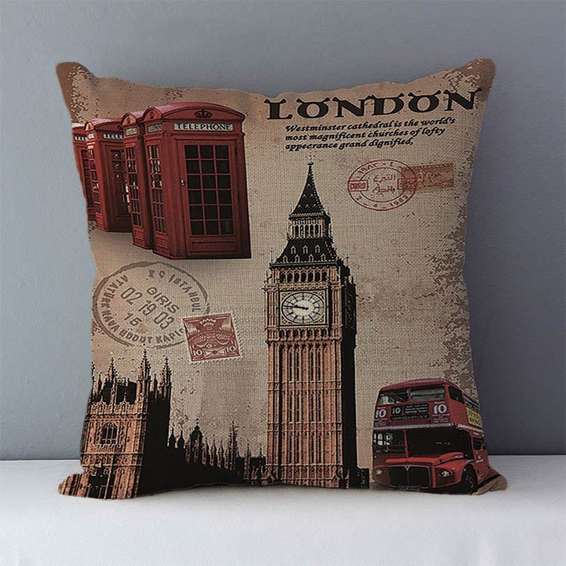 Pernă de canapea retro nostalgică perne decorative pentru acasă Londra Paris scenic imprimat pătrat 45x45cm față de pernă perne pentru spătar