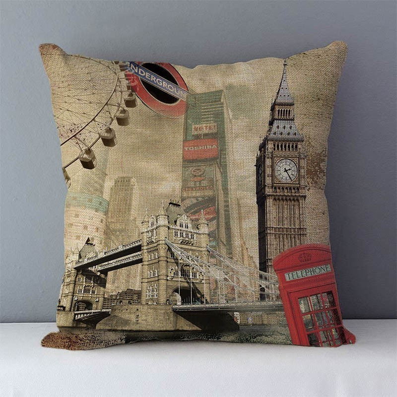 Pernă de canapea retro nostalgică perne decorative pentru acasă Londra Paris scenic imprimat pătrat 45x45cm față de pernă perne pentru spătar