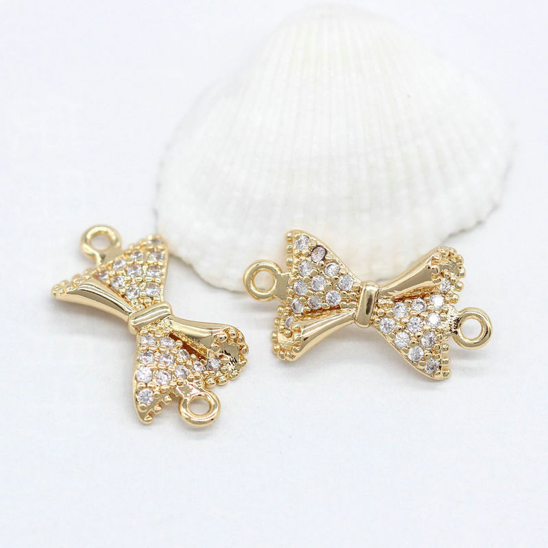 16x8MM 14K arany színű sárgaréz és cirkon 2 lyukú masni összekötő medálok medálok Ékszer készítés barkács kiegészítők
