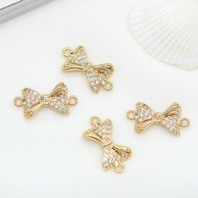 16x8MM 14K arany színű sárgaréz és cirkon 2 lyukú masni összekötő medálok medálok Ékszer készítés barkács kiegészítők
