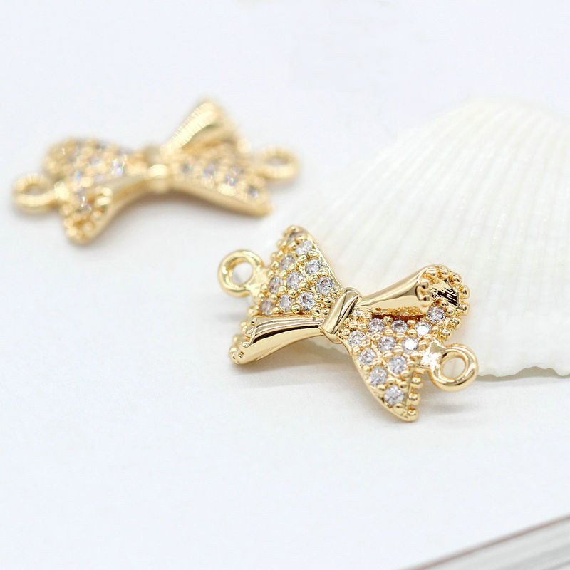 16x8MM 14K arany színű sárgaréz és cirkon 2 lyukú masni összekötő medálok medálok Ékszer készítés barkács kiegészítők