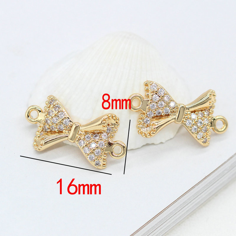 16x8MM 14K arany színű sárgaréz és cirkon 2 lyukú masni összekötő medálok medálok Ékszer készítés barkács kiegészítők