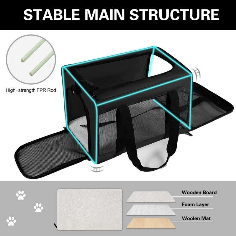Puha oldalsó hordozó macska kisállat szállítószalag kézitáskához A légitársaság által jóváhagyott összecsukható macskahordozó hátizsák Fényvisszaverő szalagok macskaszállító táska