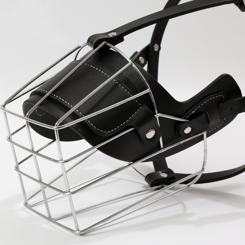 Nuo įkandimo žievė kramtomas didelis šuns snukio kaukė Tvirtas metalinis viela Krepšelis šuniui Burnos snukiukai Reguliuojamas odinis dirželis augintinio burnos dangtelis