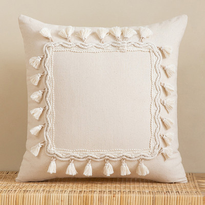 Boho stílusú lenvászon pamut párnahuzat Otthoni dekoratív bézs párnahuzat bojtokkal tömör párnahuzatok 45x45cm/30x50cm
