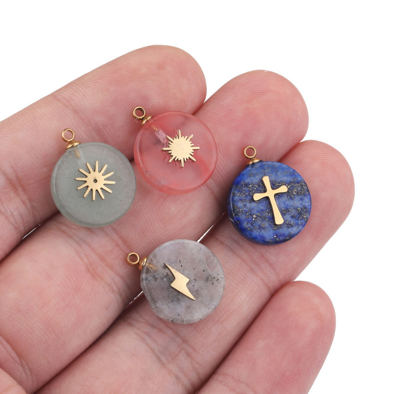4 bucăți rotund piatră naturală din oțel inoxidabil placat cu aur pandantive pandantiv piatră cuarț pendant bricolaj cercei coliere bijuterii