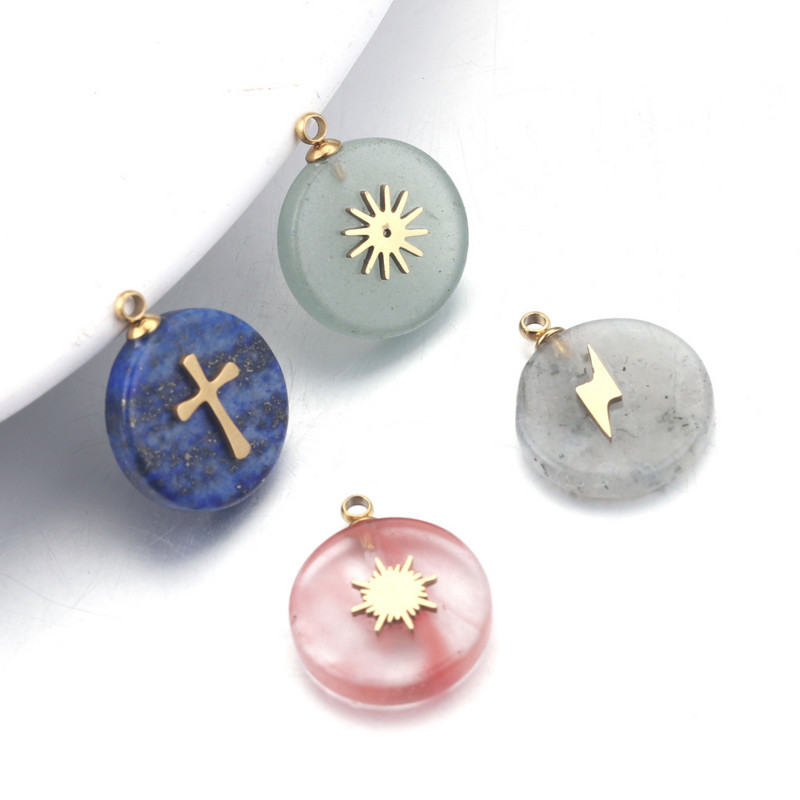 4 bucăți rotund piatră naturală din oțel inoxidabil placat cu aur pandantive pandantiv piatră cuarț pendant bricolaj cercei coliere bijuterii