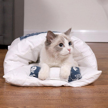 Κρεβάτι γατών Ιαπωνικού στιλ Χειμερινός αφαιρούμενος ζεστός υπνόσακος γάτας βαθιάς ύπνου Ημίκλειστη φωλιά κατοικίδιων με μαξιλάρι για όλες τις εποχές Y9E7