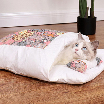 Κρεβάτι γατών Ιαπωνικού στιλ Χειμερινός αφαιρούμενος ζεστός υπνόσακος γάτας βαθιάς ύπνου Ημίκλειστη φωλιά κατοικίδιων με μαξιλάρι για όλες τις εποχές Y9E7