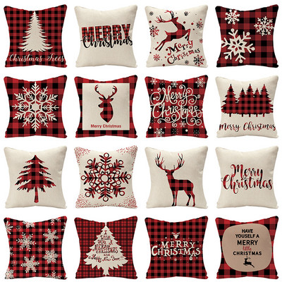 vászon piros skót kockás karácsonyi párnák tok rénszarvas fák hópelyhek nyomtatás karácsonyi dekoratív párnák kanapéhoz kanapéágyhoz