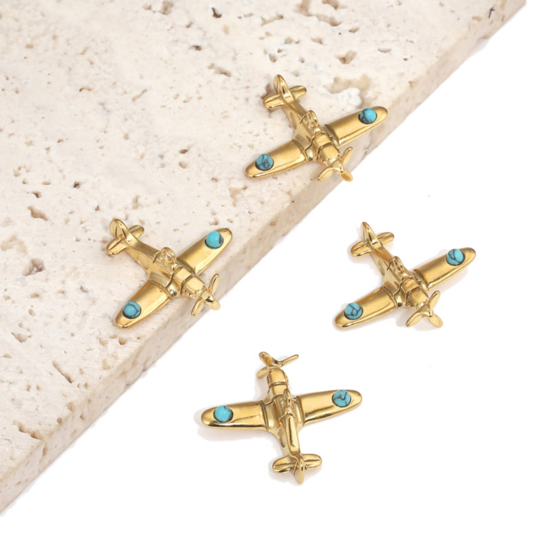 2 бр. 3D изтребител от неръждаема стомана, тюркоазен чар, златни висулки за изработка на бижута Направи си сам, колие, чар, търговия на едро