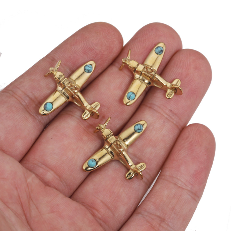 2 бр. 3D изтребител от неръждаема стомана, тюркоазен чар, златни висулки за изработка на бижута Направи си сам, колие, чар, търговия на едро