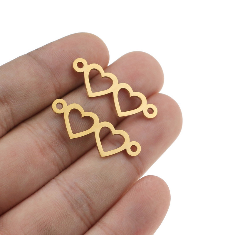 5 vnt/stal. Auksinė nerūdijančio plieno dviguba širdies žavesio jungtis, skirta apyrankių karolių tuščiaviduriams pakabukams, pasidaryk pats papuošalams gaminti